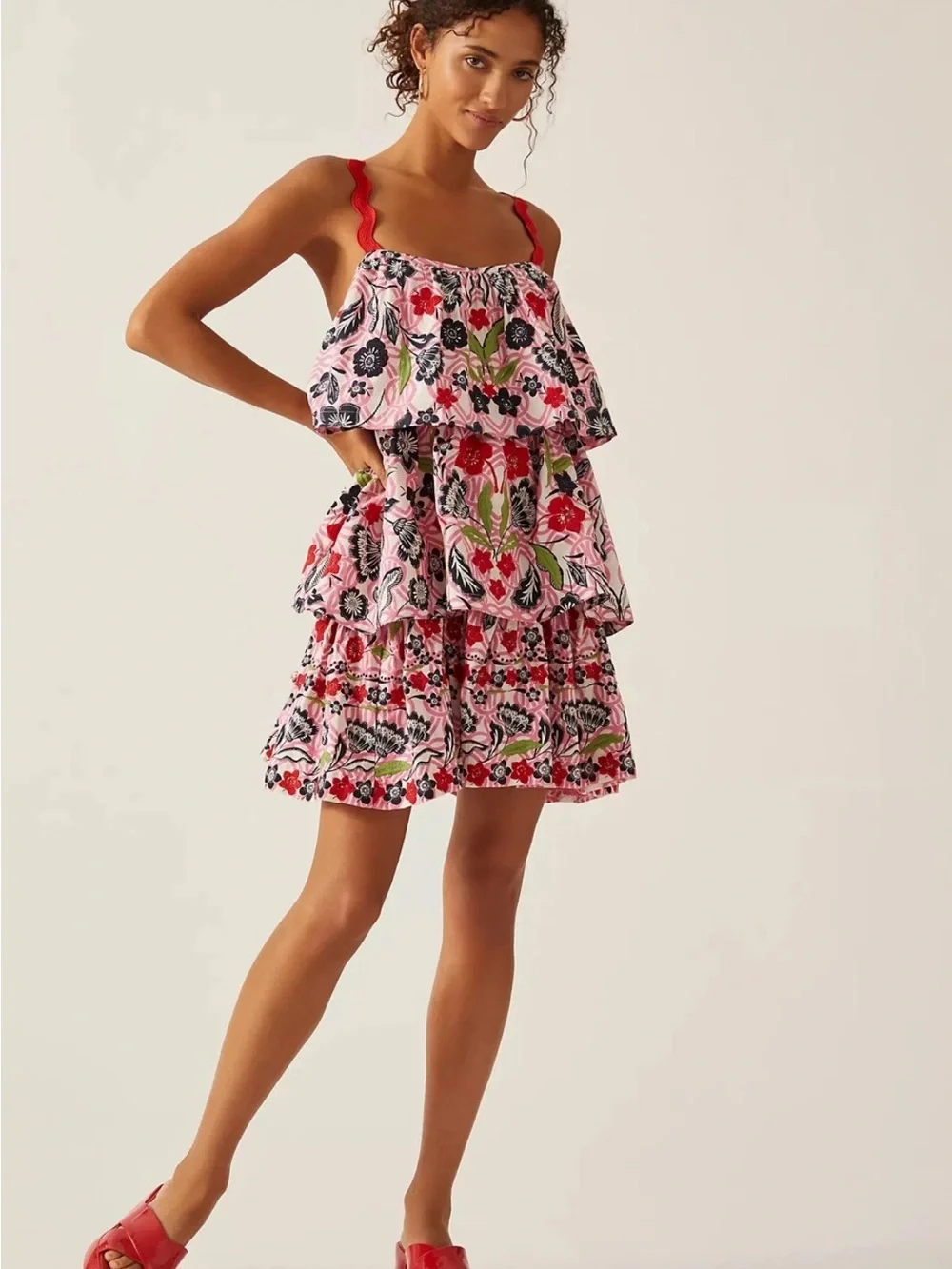 Maeve Pink Floral Tiered Mini Dress with Red Straps - Picture 1 of 6